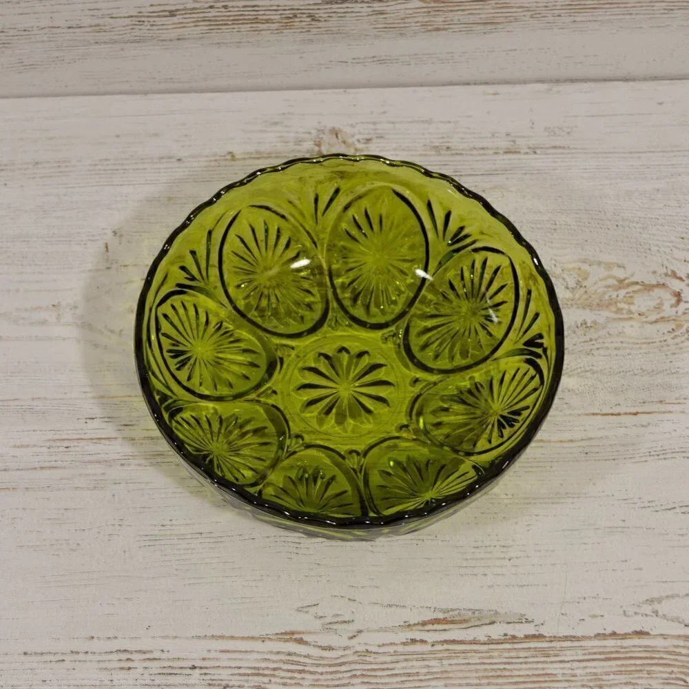 Green Pressed Glass Decorative Scalloped Bowl